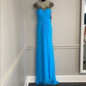 Aqua beaded hi neck prom dress